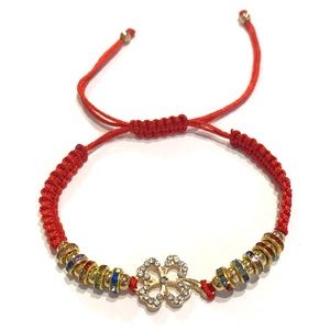 Lucky Four Leaf Clover Macrame Bracelet Red Gold With Rhinestones
